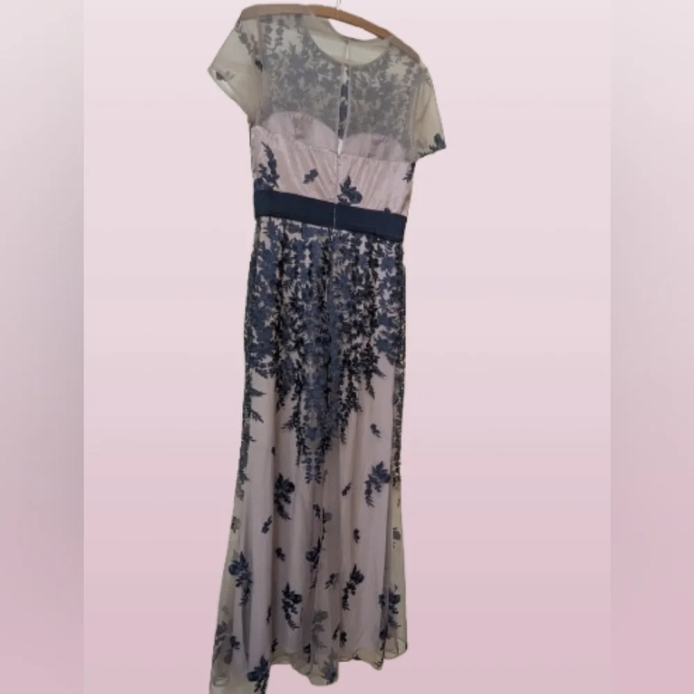 JS Collections Blush Pink and Navy Embroidered Lace Evening Gown - Picture 7 of 10